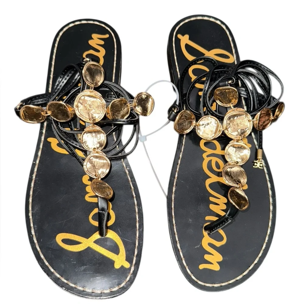 Sam Edelman Black Deirdre Wrap Leather Lace-Up Sandals Gold Coin Details Size 6 - Picture 2 of 6